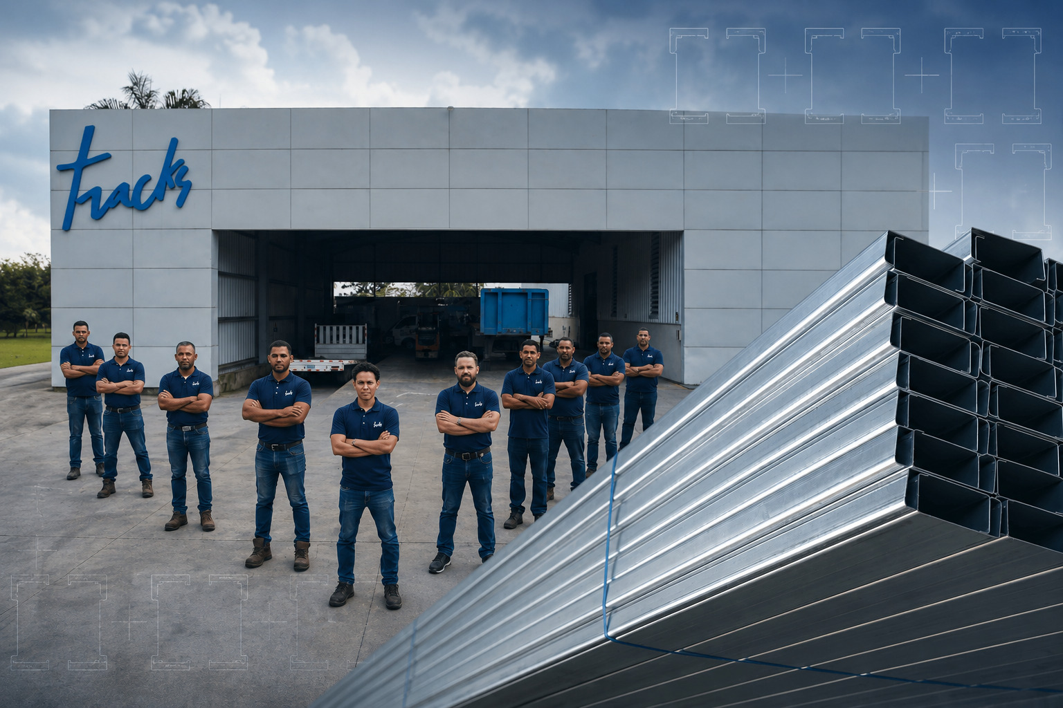 Equipo de Tracks junto a perfiles de acero galvanizado